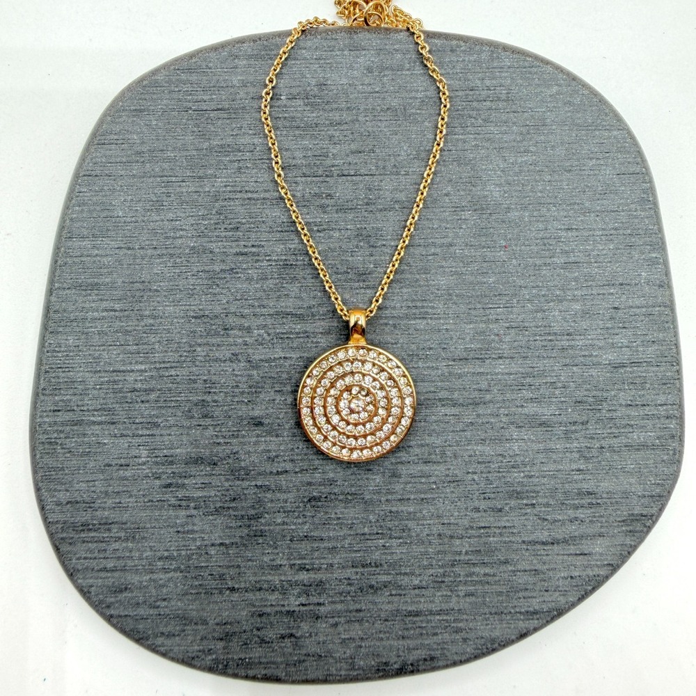 Gold Tone Clear Rhinestone Concentric Circle Medallion Pendant Necklace Chain